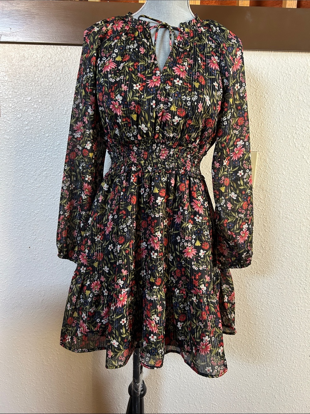 Old Navy Black Floral Long-Sleeve Smocked Waist Mini Dress